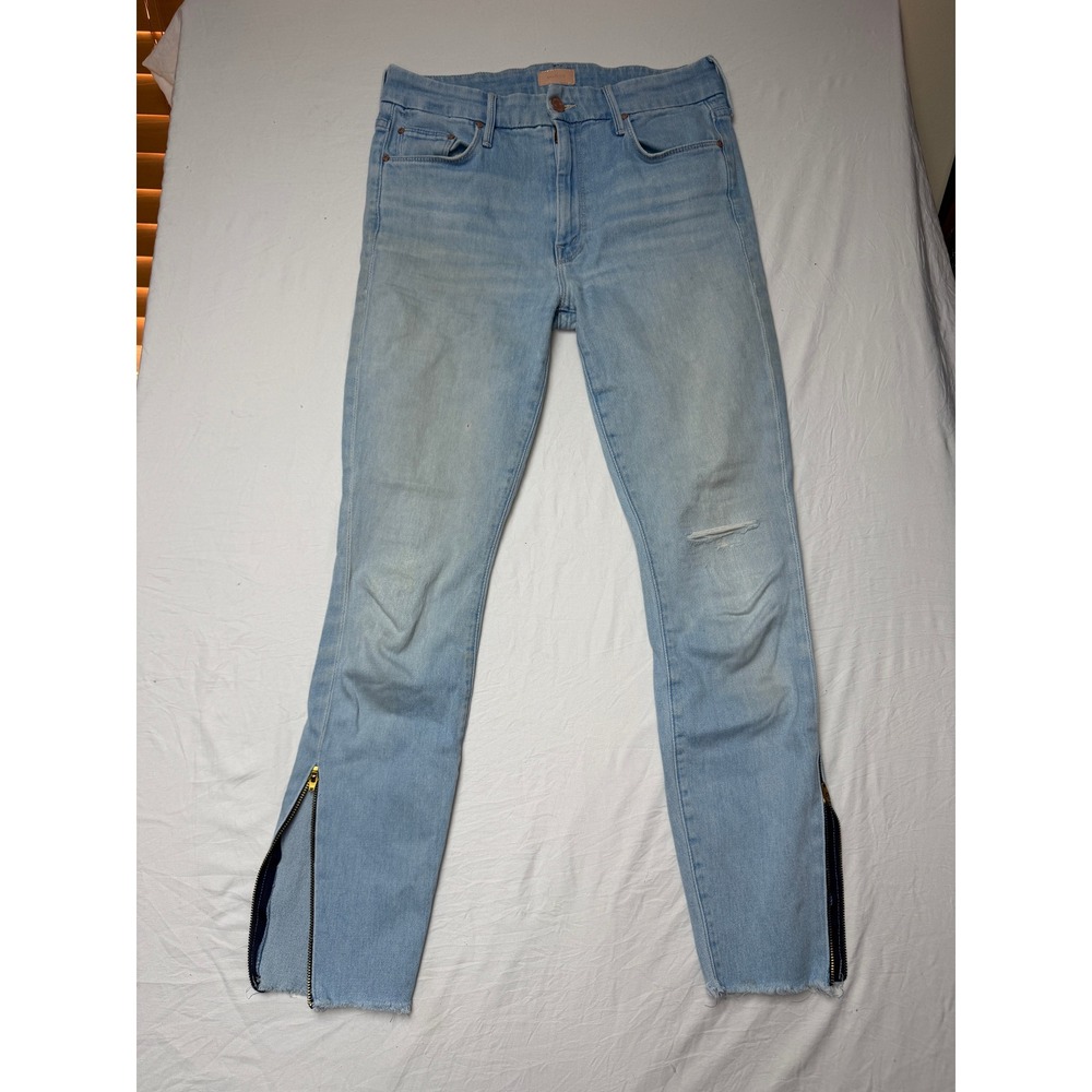 Mother Denim Light Wash Skinny Jeans Side Ankle Zips Raw Hem Size 28